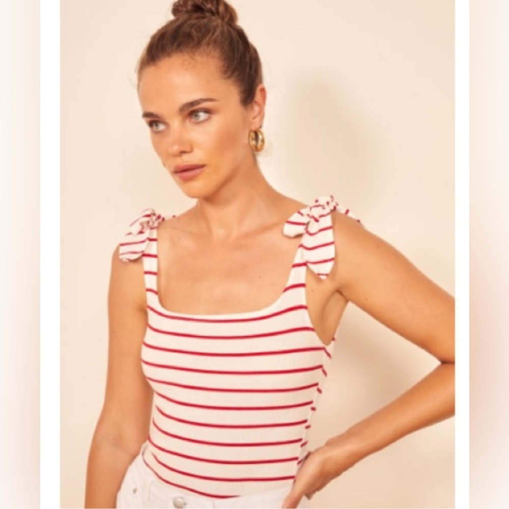 REFORMATION JEANS TIE SHOULDER RED STRIPED WHITE RIBBED TANK BODYSUIT XSMALL